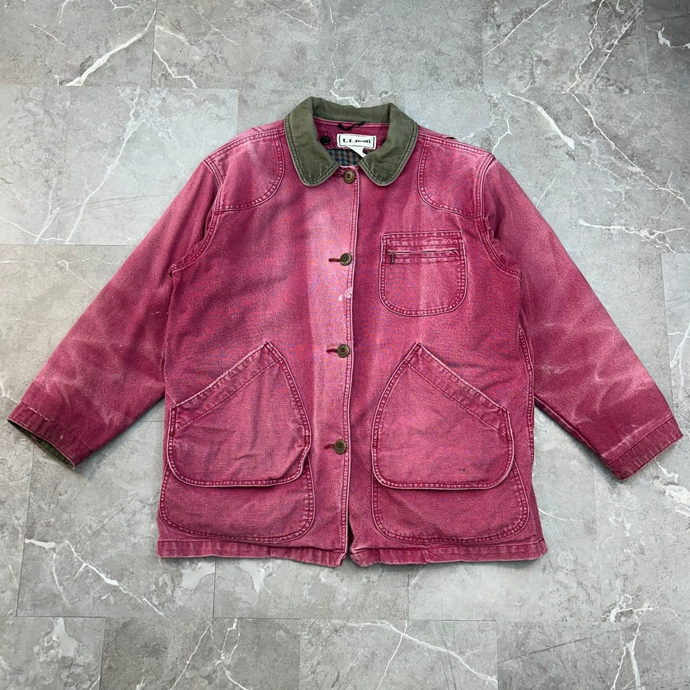 Vintage LL Bean Barn Coat Women XL Faded Chore Jacket Red Workwear Flannel Lined